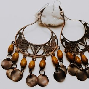 Vintage Y2K Faux Bronze & Wood Dangle Earrings – Boho Inspired Chime Style